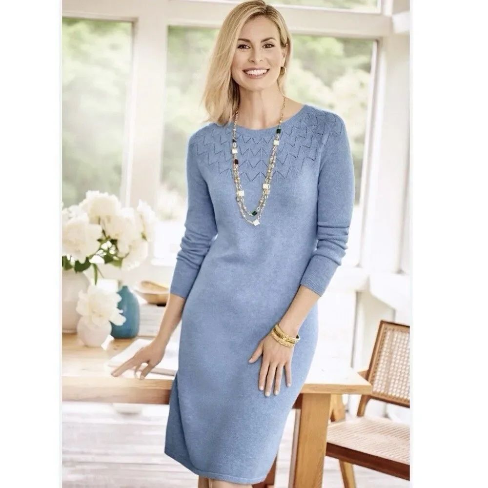 Talbots Pointelle Knit Sweater Dress Long Sleeve Knee Length Size SP